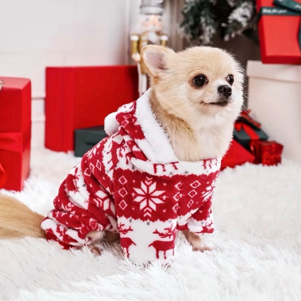 NEW Small Dog or Cat Winter Holiday Hoodie Suit Red Snowflakes Christmas Onesie